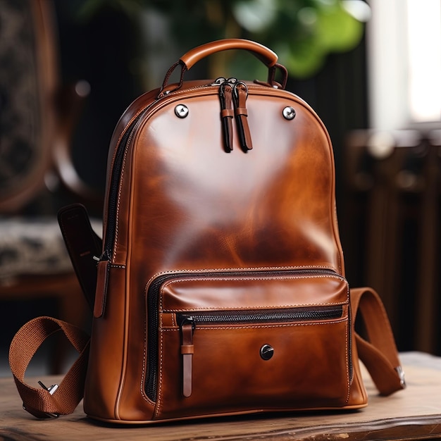 a brown leather backpack with a black handle sits on a table.