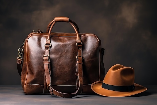 Photo a brown leather bag and hat