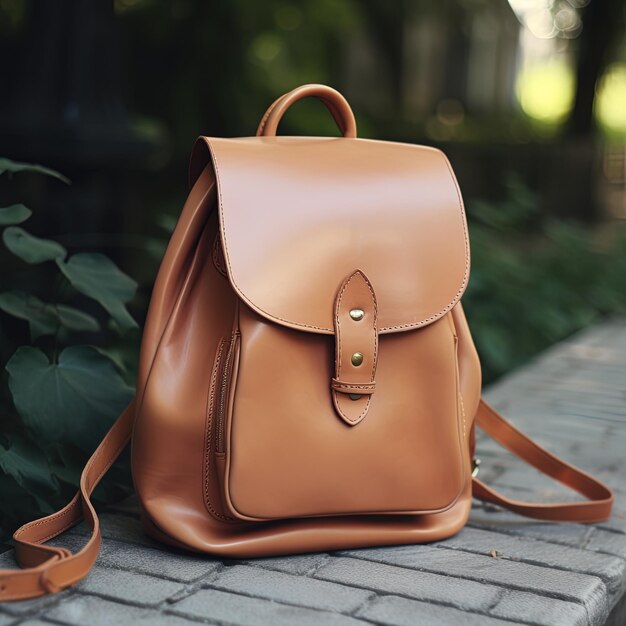 a brown leather bag sits on a brick surface with a strap that says " the word " on it.