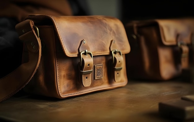 A brown leather bag with the brand logo on it