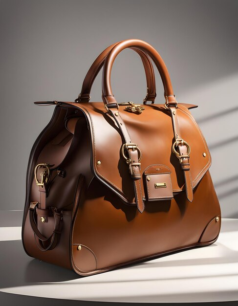 a brown leather bag with a gold buckle