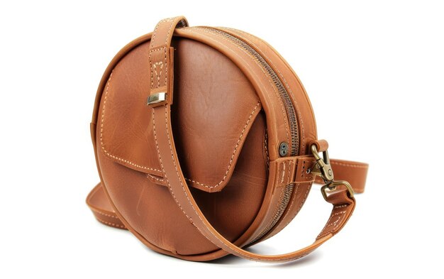 a brown leather bag with a strap that says  leather