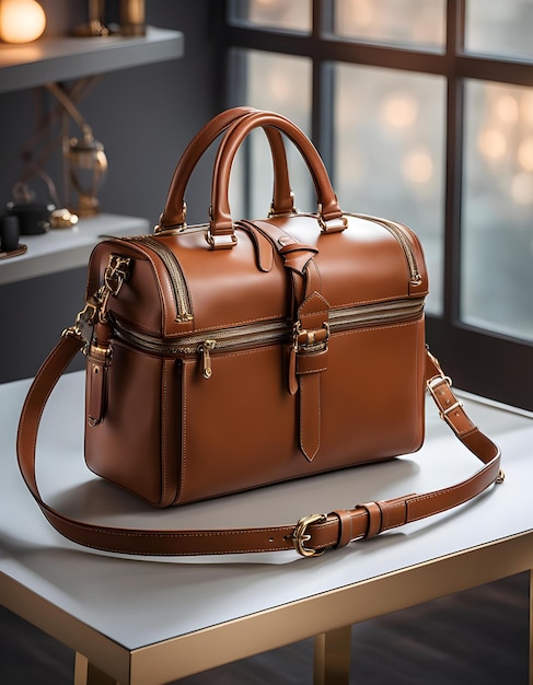 a brown leather bag with straps and straps is sitting on a table