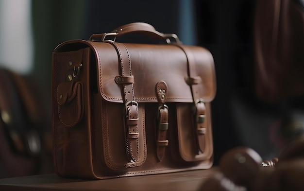 A brown leather bag with the word leather on it