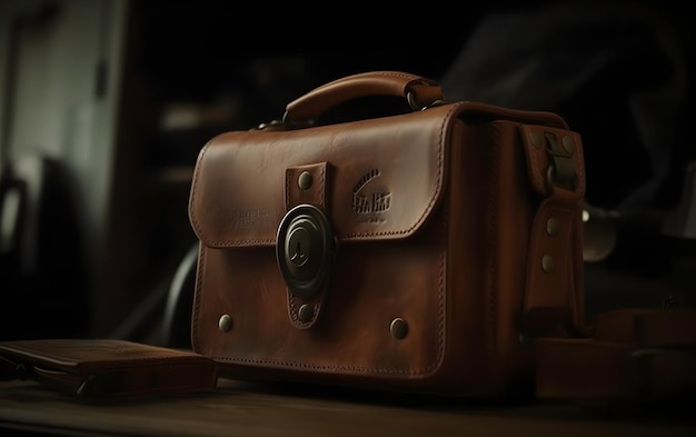 A brown leather bag with the word'leather'on it