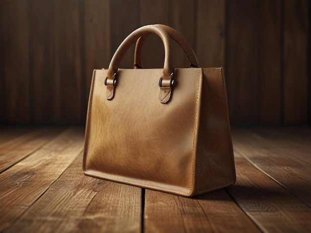 Photo a brown leather bag on a wooden floor