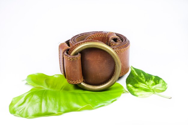 Brown leather belt  on a white background.