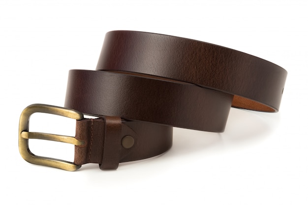 brown leather belt with buckle isolated on white background.
