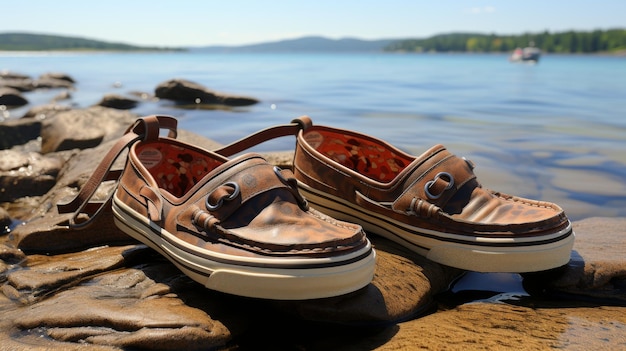 Brown Leather Boat Shoes on a Rocky Beach
