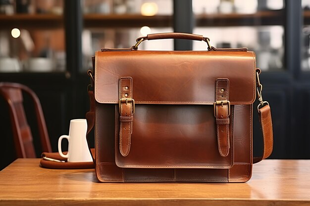 Brown leather briefcase on a wooden table in a cafe vintage style