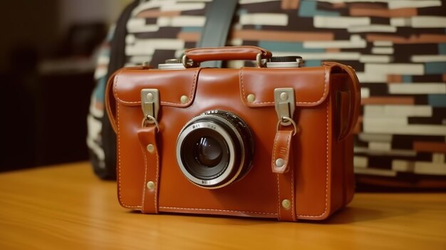 A brown leather camera with a lens on it