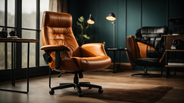 A brown leather chair in a decorative indoor