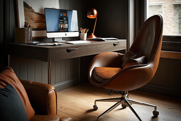 Brown leather chair in modern office with sleek desk and laptop created with generative ai