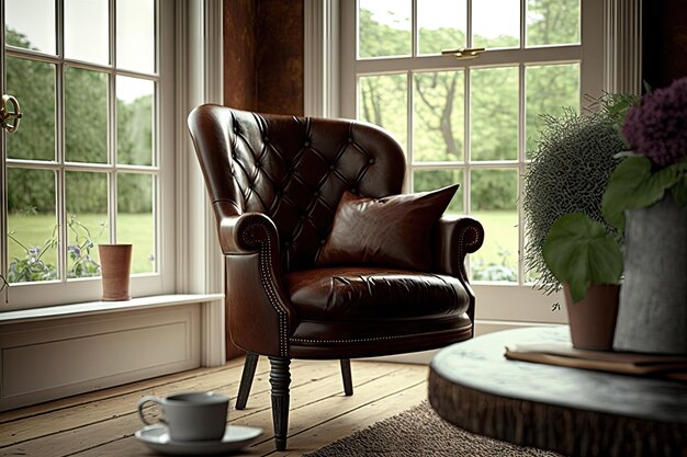 生成 AI で作成された庭の景色を望む窓際に置かれた茶色の革張りの椅子