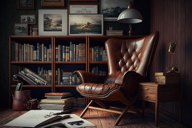 A brown leather chair surrounded by a collection of vintage books created with generative ai