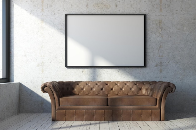 Коричневый кожаный диван в бетонной комнате