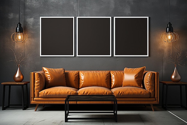 A brown leather couch with a black table and two framed pictures on the wall.