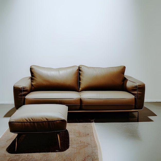 Photo a brown leather couch with a foot rest sits in front of a white wall.