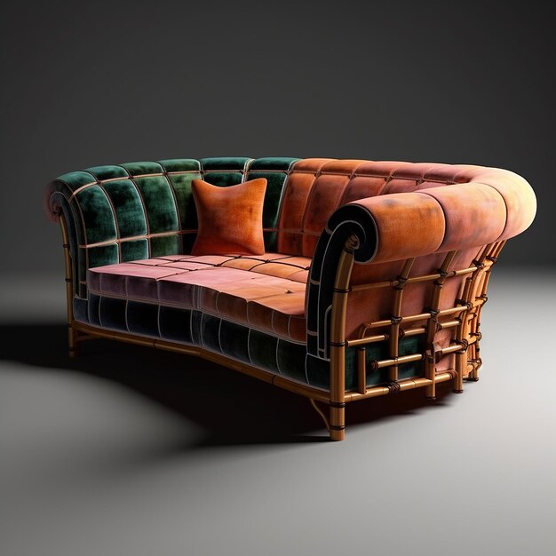 a brown leather couch with a green and orange cushion.