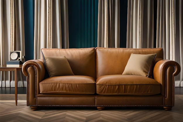 枕が置かれた茶色の革製のソファ