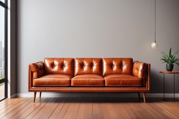 a brown leather couch with a white wall behind it