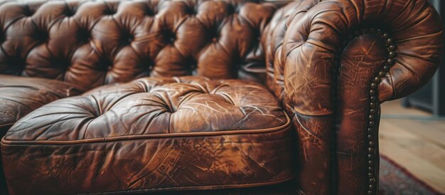 Photo brown leather couch on wooden floor