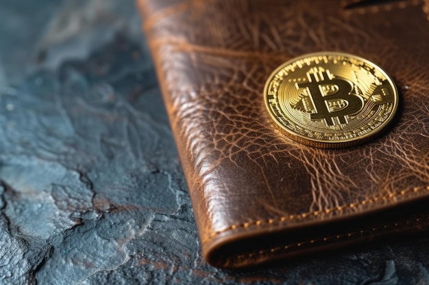 Brown leather crypto curreency wallet with a bitcoin gold coin digital finance concept