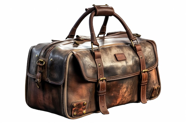 A brown leather duffel bag with the word travel on it.