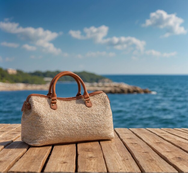 a brown leather handbag sits on a wooden table by the water