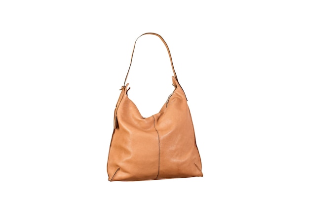 Brown leather handbag on a white background