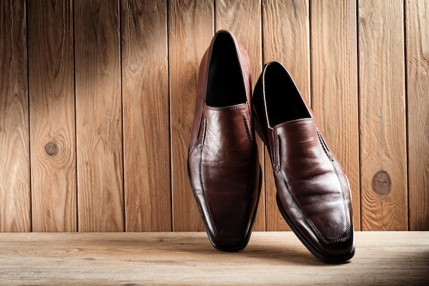 Brown leather shoes for men luxury leather shoes on wooden background