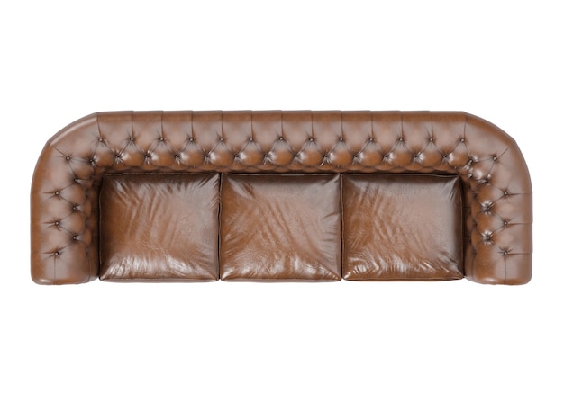 Brown leather sofa isolated on white background Top view Vintage furniture Beautiful leather couch classic style with shadows 3D rendering