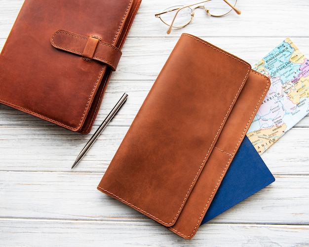 Brown leather travel organizer and notebook