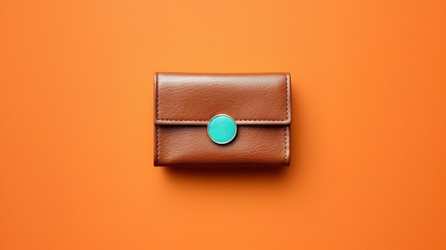 Коричневый кожаный кошелек с голубым камнем на оранжевом фоне.