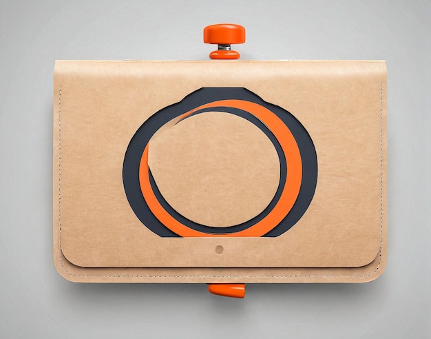 a brown leather wallet with an orange and black circle on it