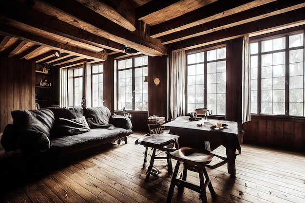 Brown living room with black interior and dark grey sofa