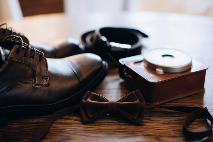 Photo brown men's shoes belt and photo camera groom's accessoriesxa