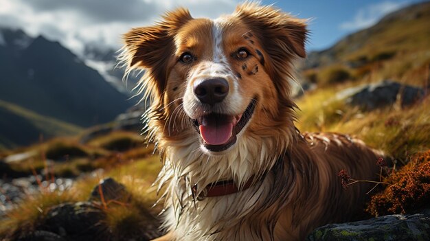 Brown mixed breed dog with tongue out and happy face in the mountains Hiking with dog