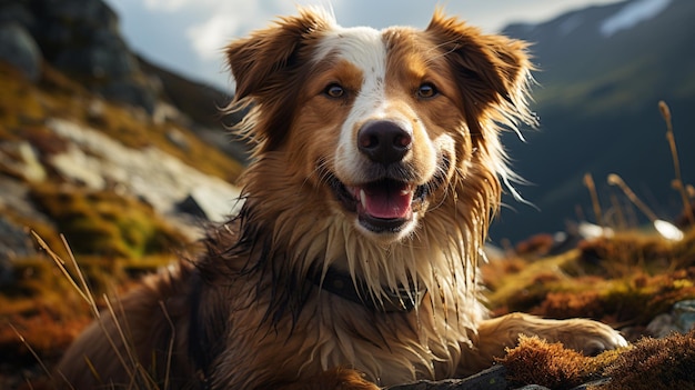 Brown mixed breed dog with tongue out and happy face in the mountains Hiking with dog