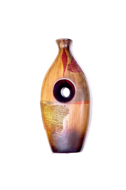 Brown modern vase for decorating an interior against a white background closeup