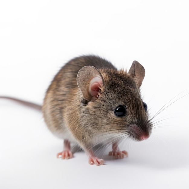 A brown mouse with a white background and a black face.