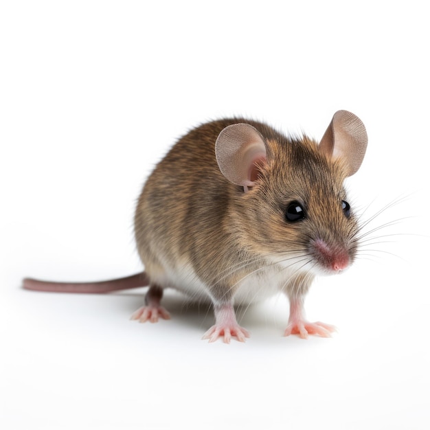 A brown mouse with a white background and a black nose.