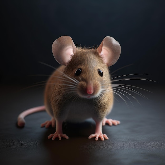 A brown mouse with a white face and pink paws sits on a black surface.