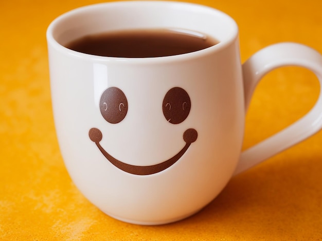 A brown mug with a smiling face and a smiling face