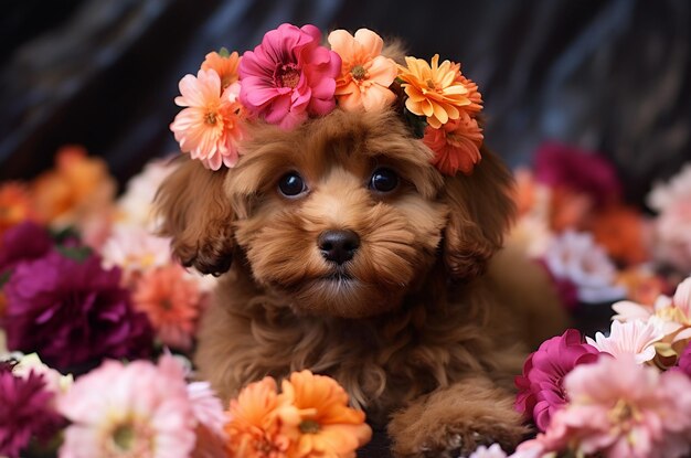 Brown multipoo with a wreath of flowers poses Mothers Day card