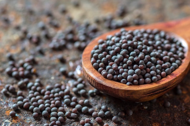 Brown Mustard Seeds in wooden spoon on a textured background