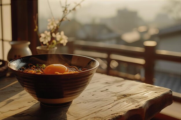 Photo brown noodles and egg bowl