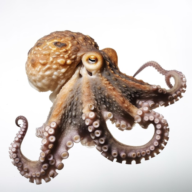 A brown octopus with a white background and a black eye.