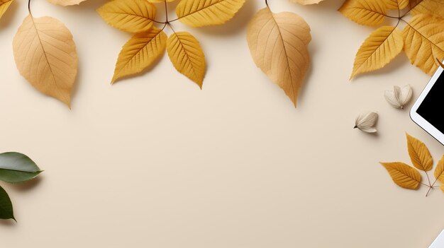 Brown office desk with coffee cup and dry leaves top view with copy space flat lay