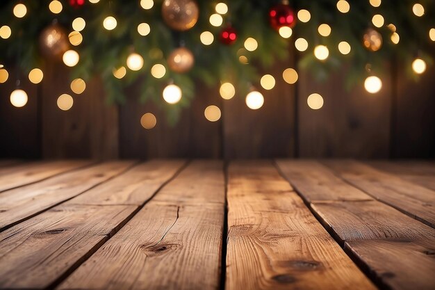 Brown old wooden floor on christmas bokeh backdrop